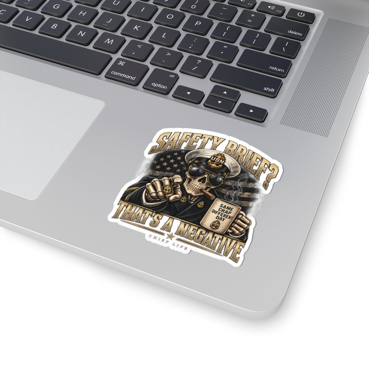USN Skull Sticker — "Safety Brief? That's A Negative" Military Veteran Decal