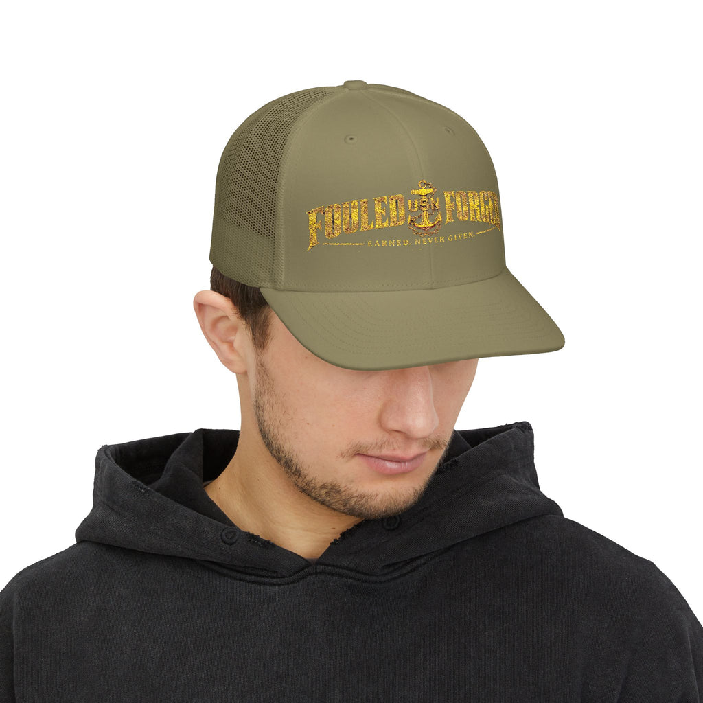 Fouled & Forged Anchor Trucker Cap — 'Faster, Never Given' Vintage Nautical Snapback