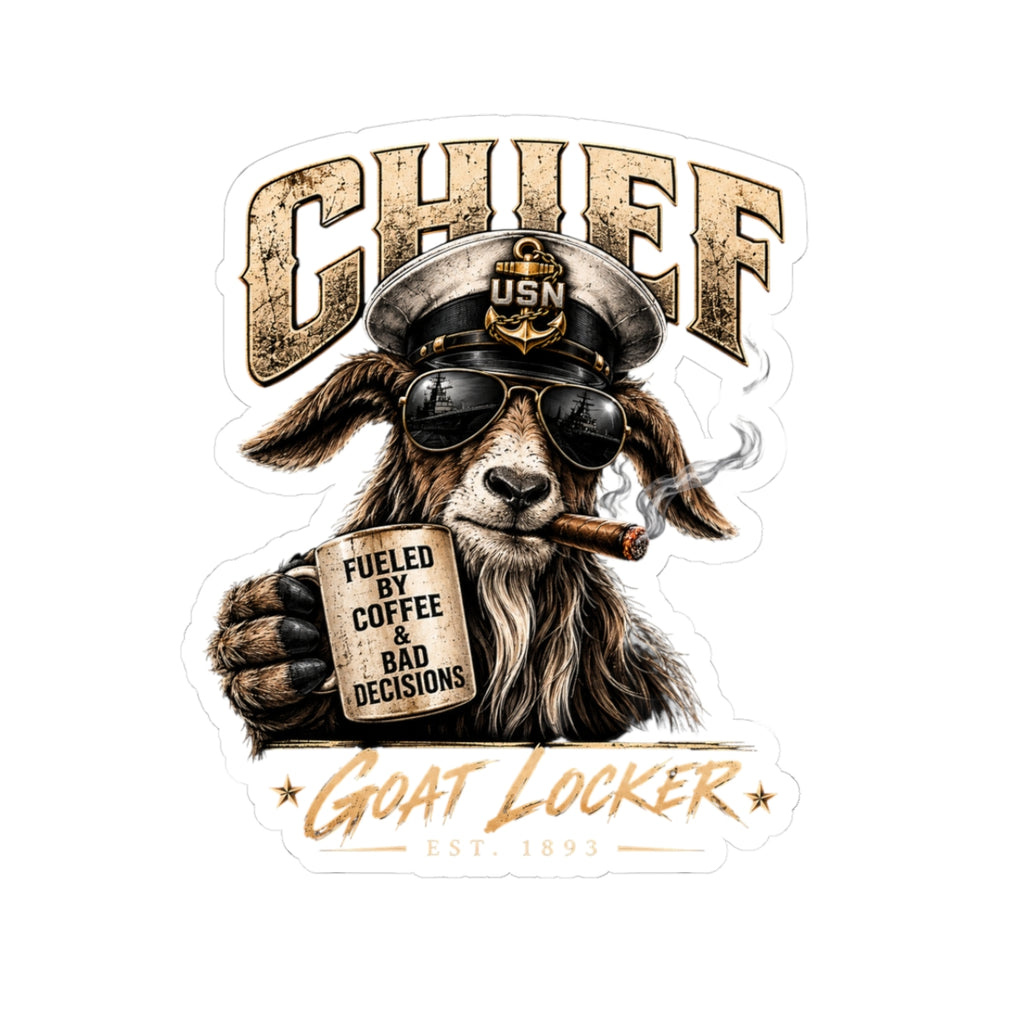 Chief Goat Sticker – "Fueled by Coffee & Bad Decisions" Kiss-Cut Vinyl Decal