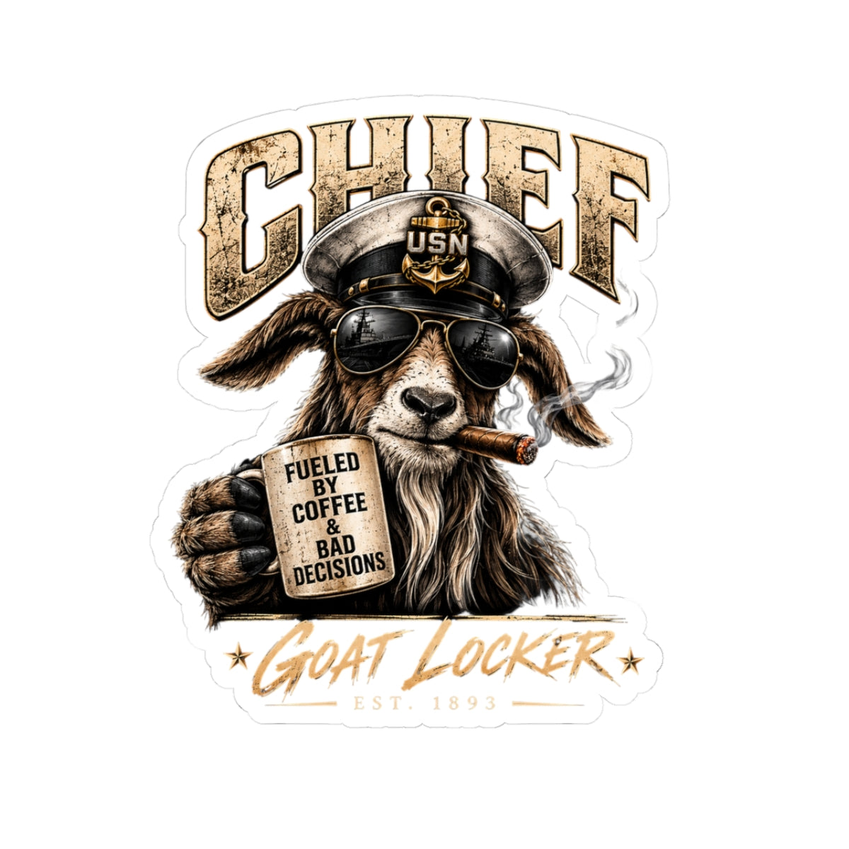 Chief Goat Sticker – "Fueled by Coffee & Bad Decisions" Kiss-Cut Vinyl Decal
