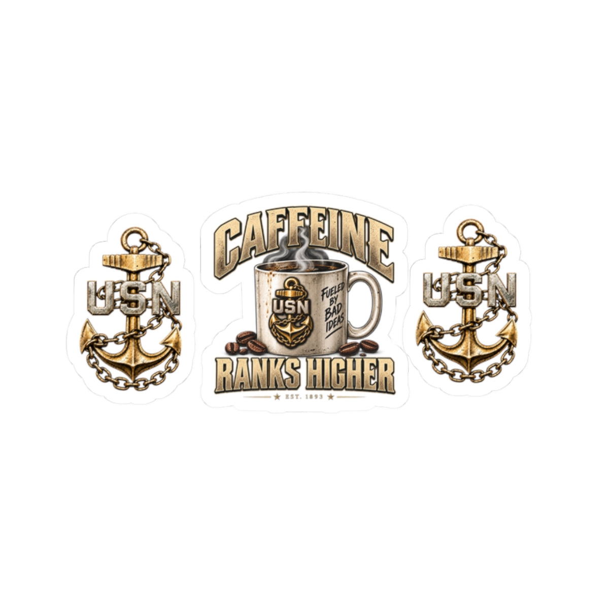 USN Coffee Sticker Pack — "Caffeine Ranks Higher" Kiss-Cut Military Stickers