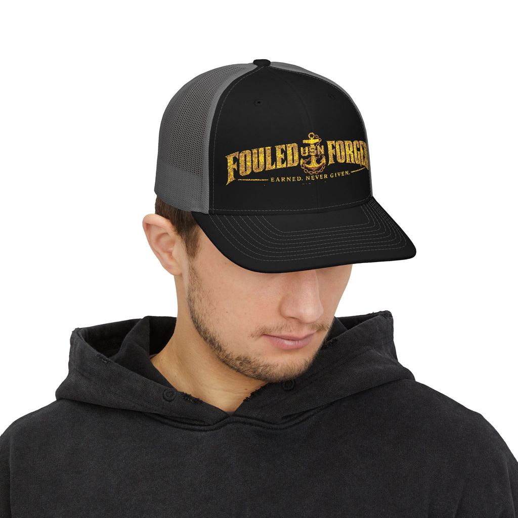 Fouled & Forged Anchor Trucker Cap — 'Faster, Never Given' Vintage Nautical Snapback