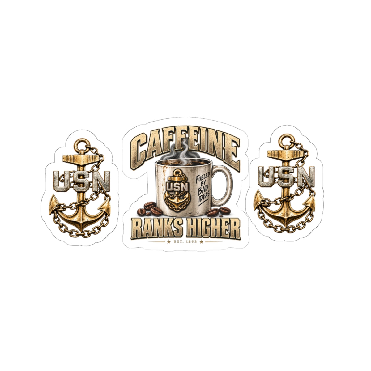 USN Coffee Sticker Pack — "Caffeine Ranks Higher" Kiss-Cut Military Stickers
