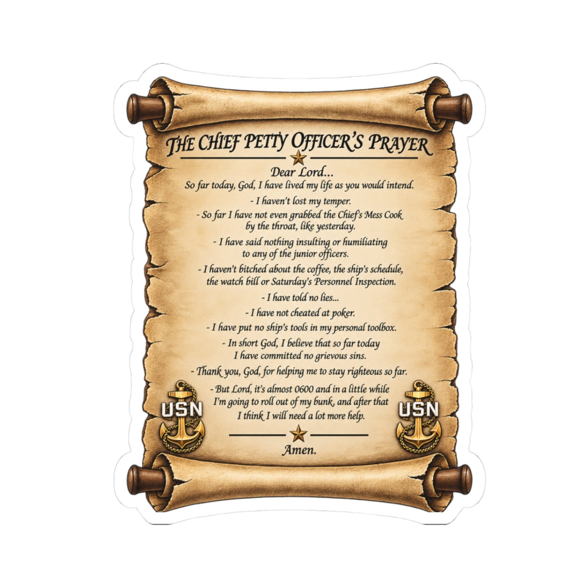 Chief Petty Officer's Prayer Sticker — USN Scroll Kiss-Cut Sticker for Navy Chiefs, Military Gifts