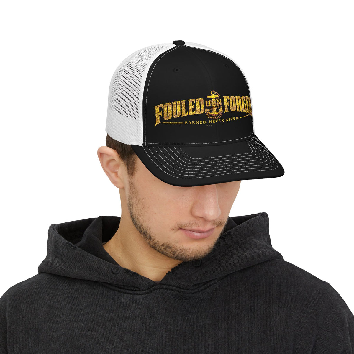 Fouled & Forged Anchor Trucker Cap — 'Faster, Never Given' Vintage Nautical Snapback