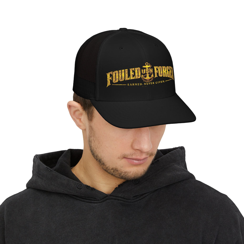 Fouled & Forged Anchor Trucker Cap — 'Faster, Never Given' Vintage Nautical Snapback