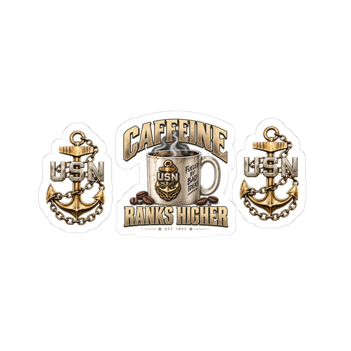 USN Coffee Sticker Pack — "Caffeine Ranks Higher" Kiss-Cut Military Stickers